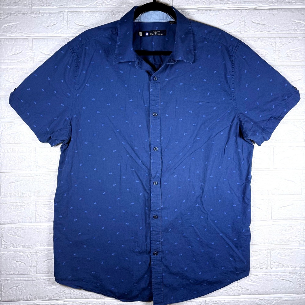 Ben Sherman Button Down Shirt Mens XL Blue Paper Airplane Print Short Sleeve Mod